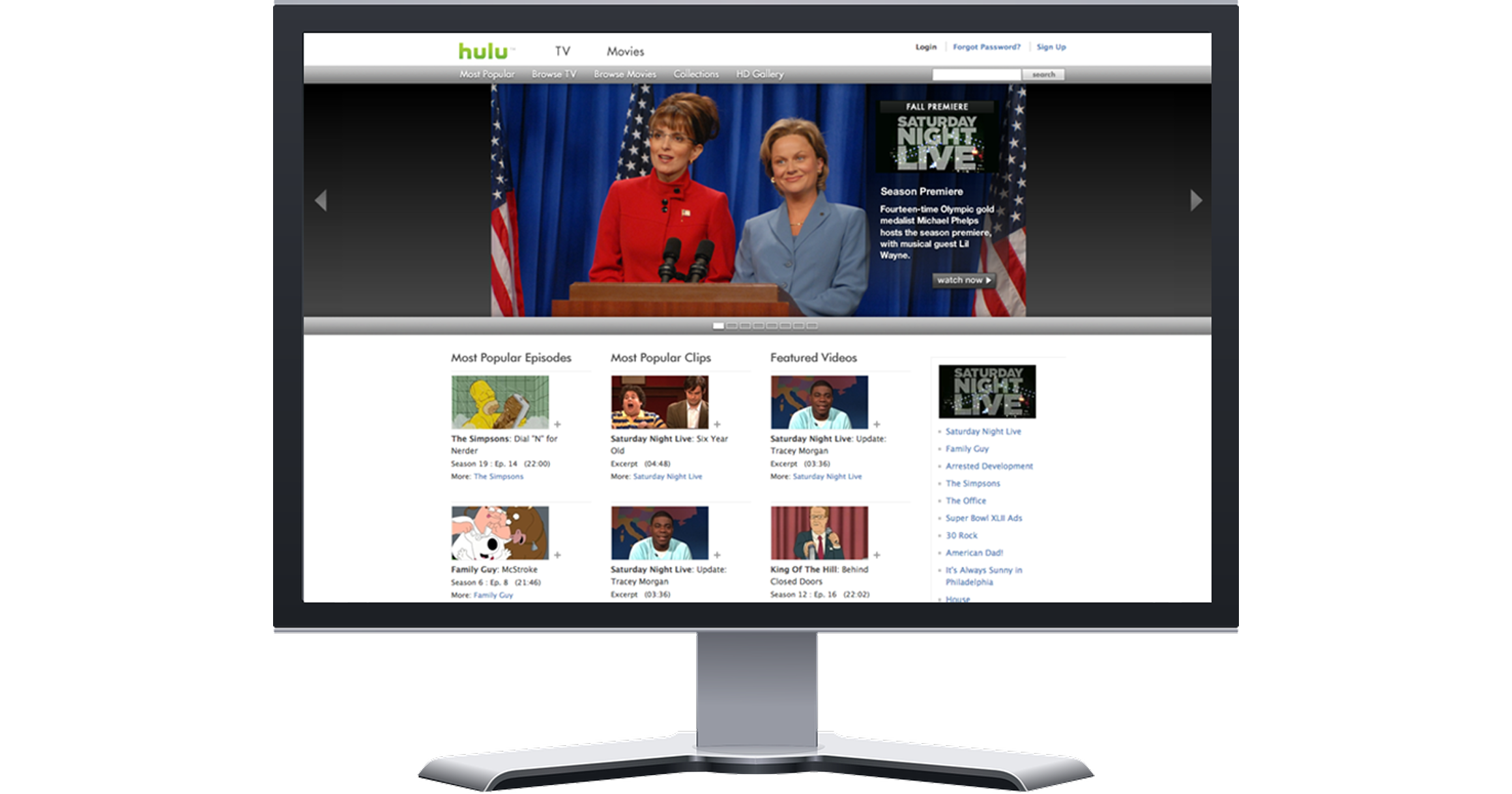 The original Hulu website on a desktop monitor, a featured video above rows of popular episodes and clips.