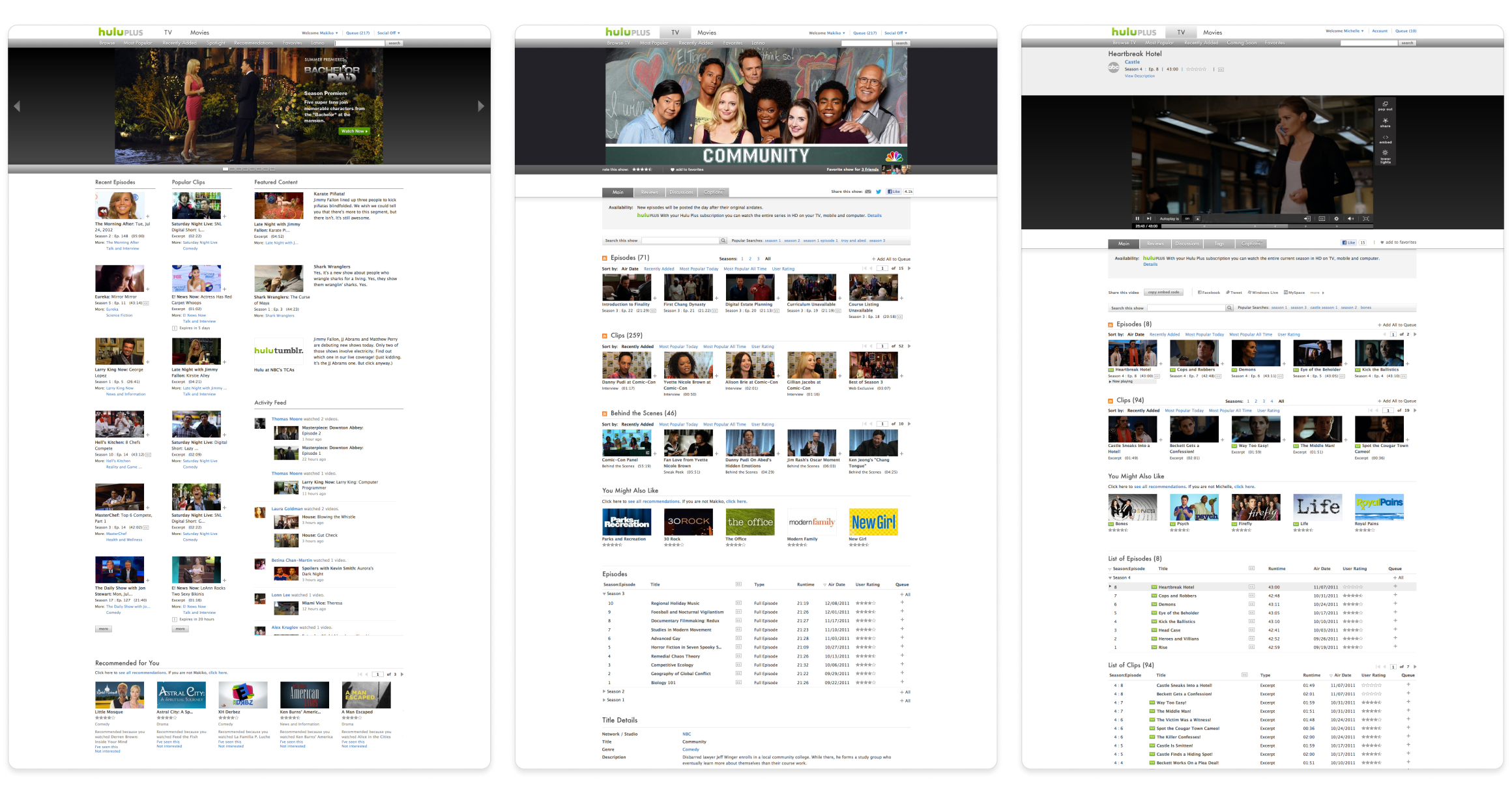 Three pages from the 2008 site: a show page, an episode page and a browse page.
