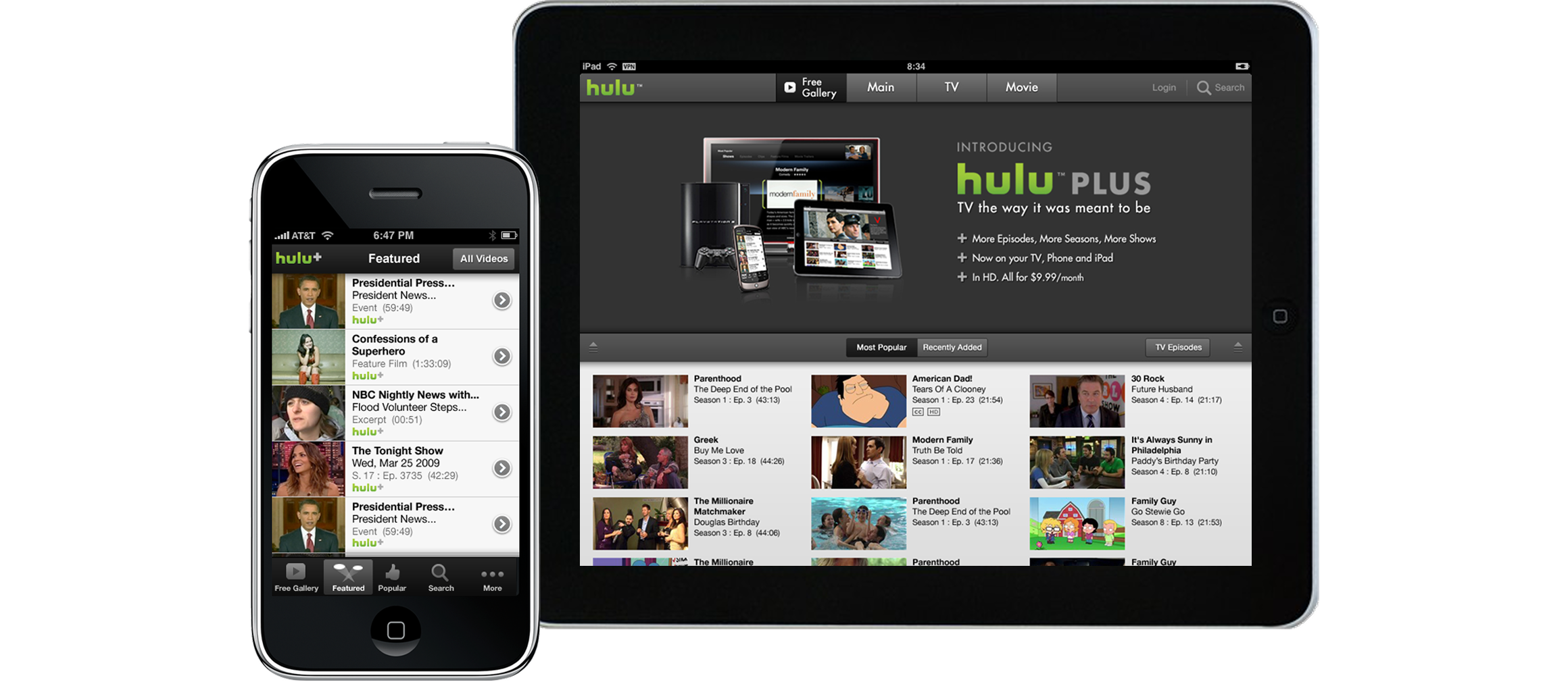 Hulu Plus on an iPhone and an iPad in 2010.