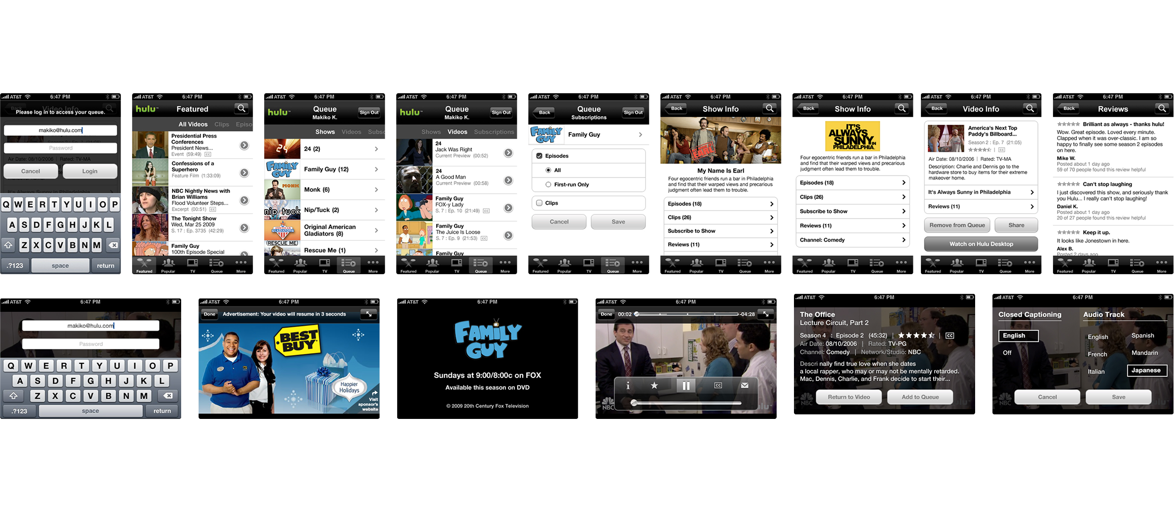 A grid of screens from the 2010 iOS apps: sign in, featured, queue, show and episode pages, search and playback.