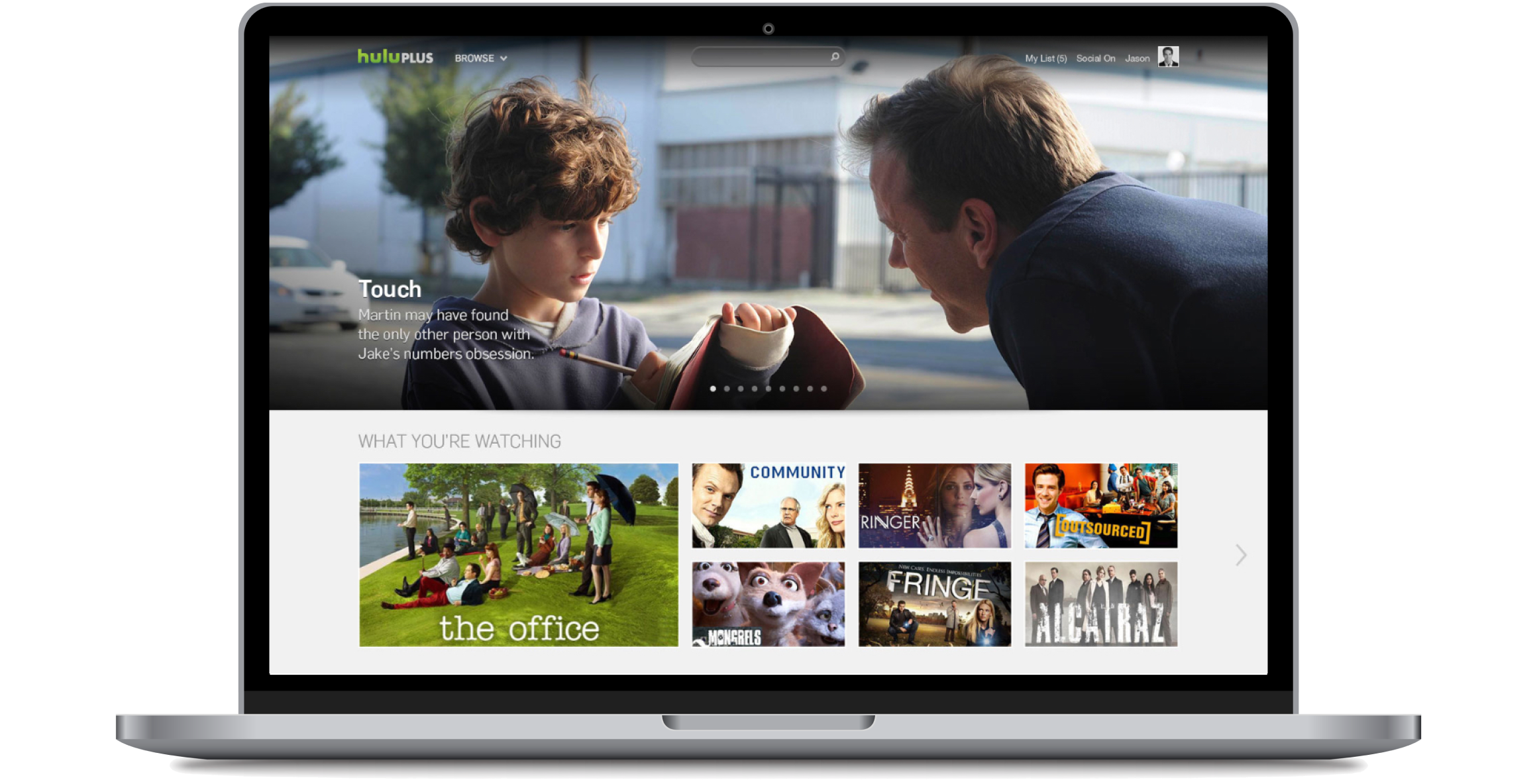 The 2012 Hulu redesign on a laptop, a full-width hero above a personalised browse row.