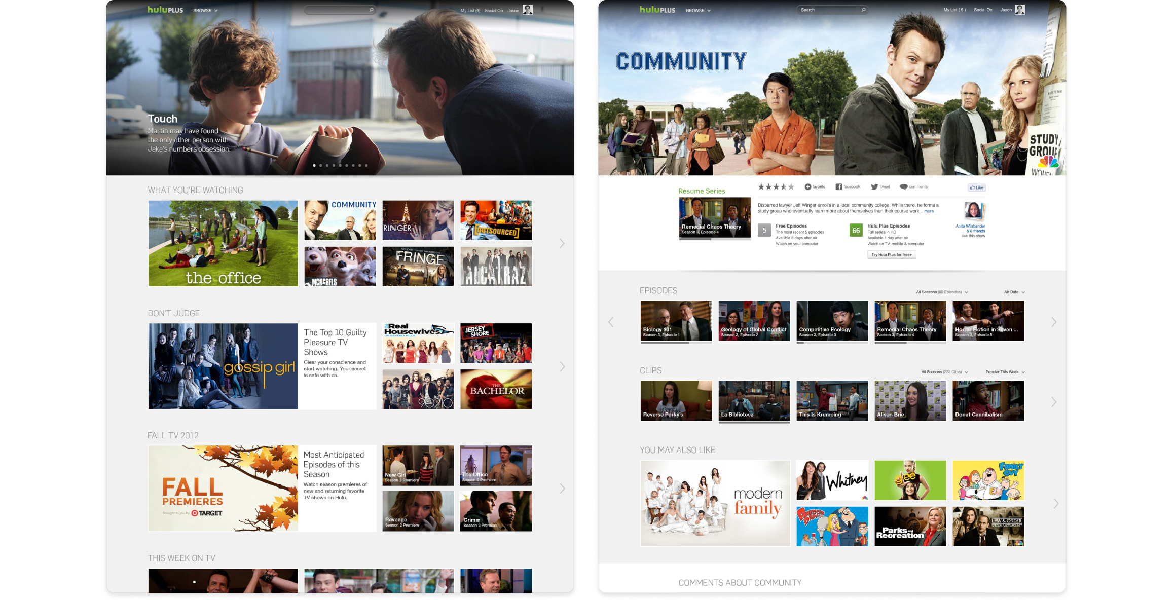 Two pages from the 2012 redesign: the logged-in home and a show page.