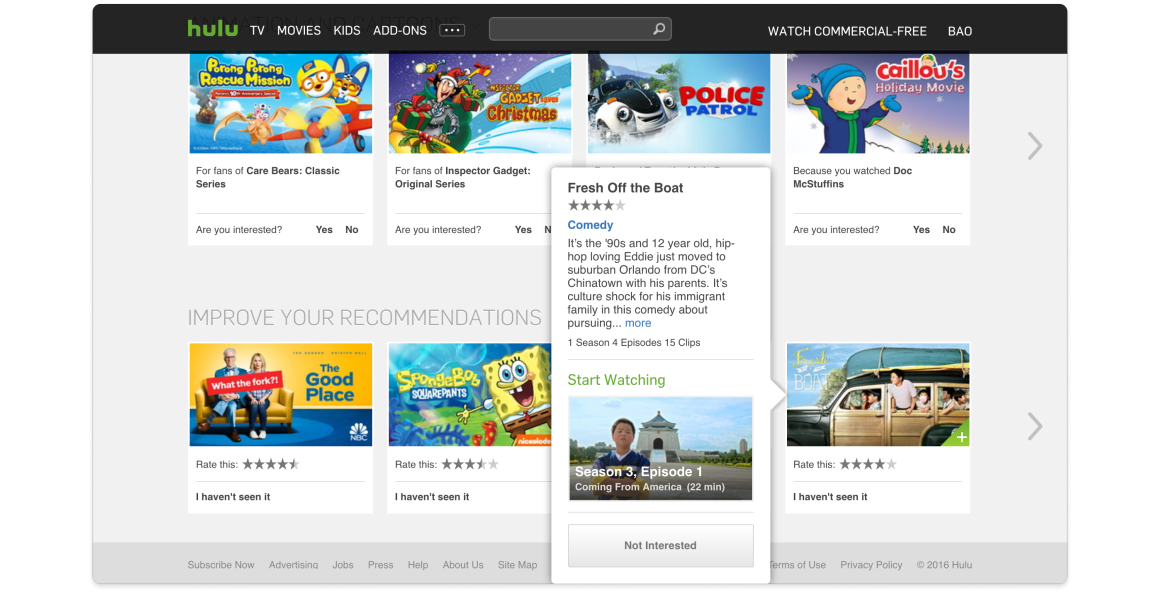 The recommendations page, with a show detail card open over the grid.