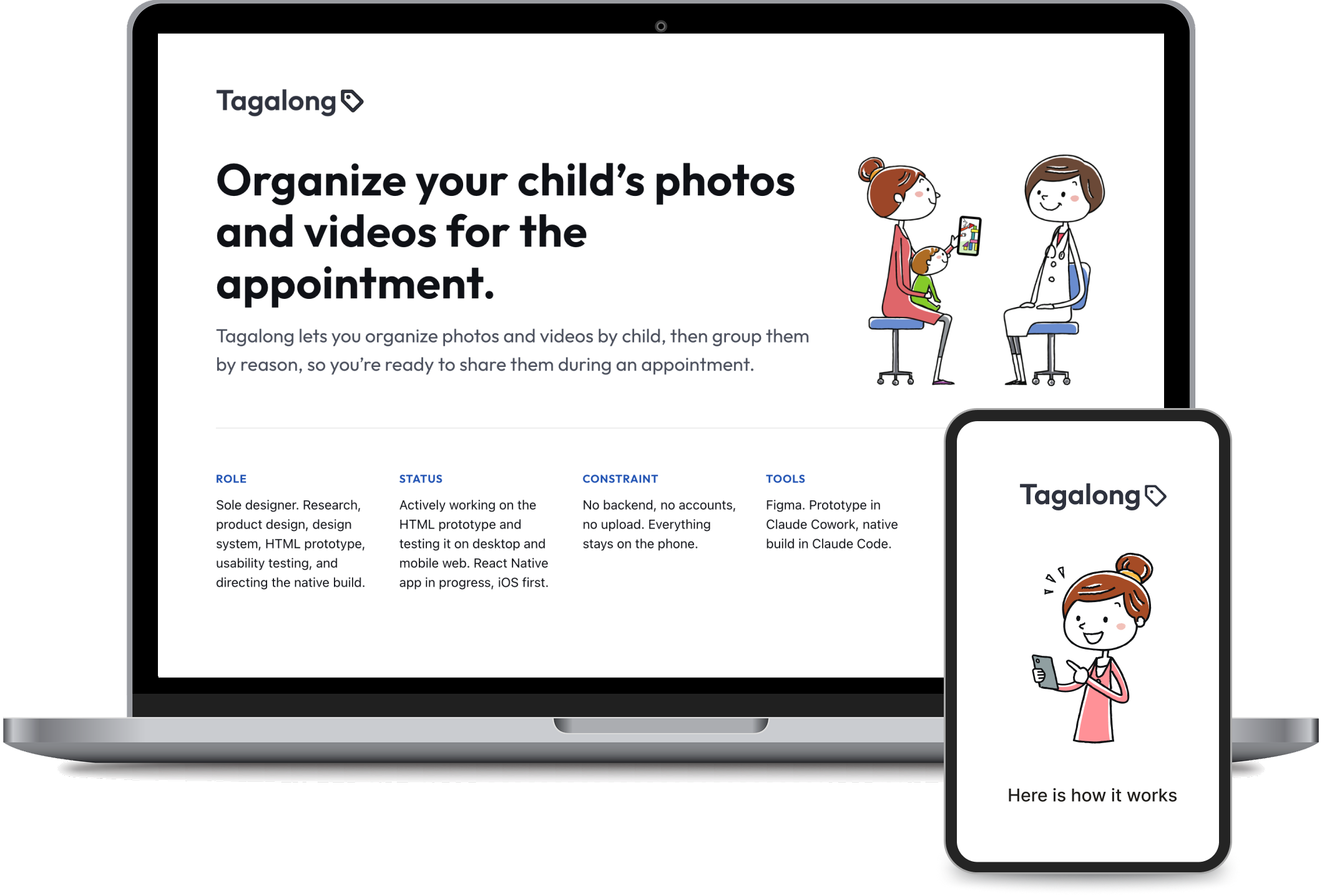 The Tagalong case study open on a laptop, with the app&rsquo;s intro screen on a phone beside it.