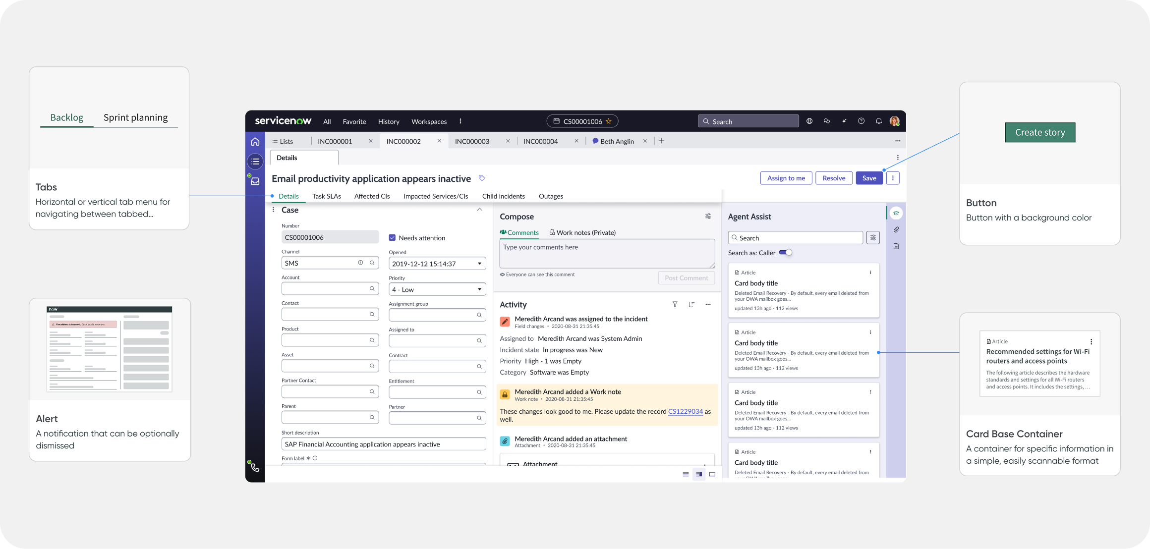 Four components called out beside a ServiceNow case screen: tabs, an alert, a button, and a card container, each with its usage note.