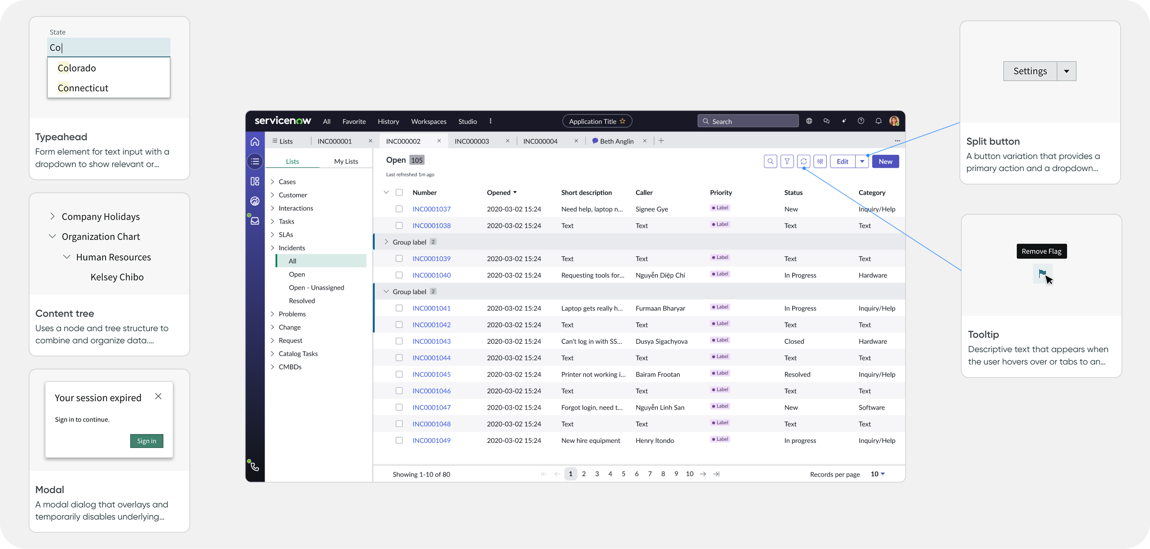 Five components called out beside a ServiceNow list screen: a typeahead field, a content tree, a modal, a split button, and a tooltip.