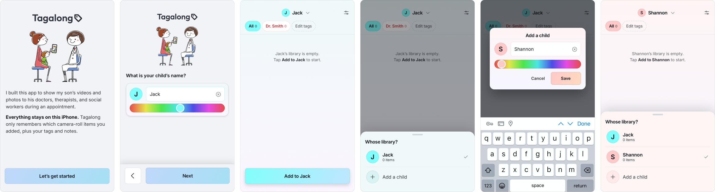Six onboarding screens: the intro, naming a child, the empty library, the library switcher, adding a second child, and that child&rsquo;s empty library.