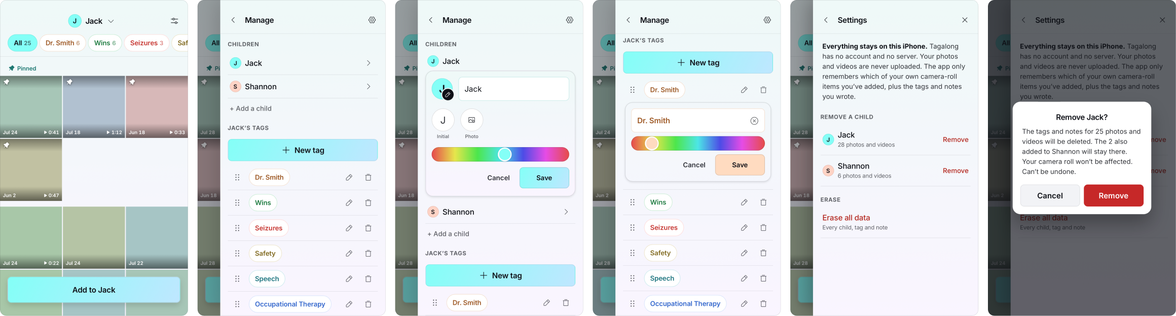 Six screens for managing a library: a filled grid with tag filters, the manage page listing both children and their tags, renaming a child, adding a tag, the settings page, and the confirmation before removing a child.