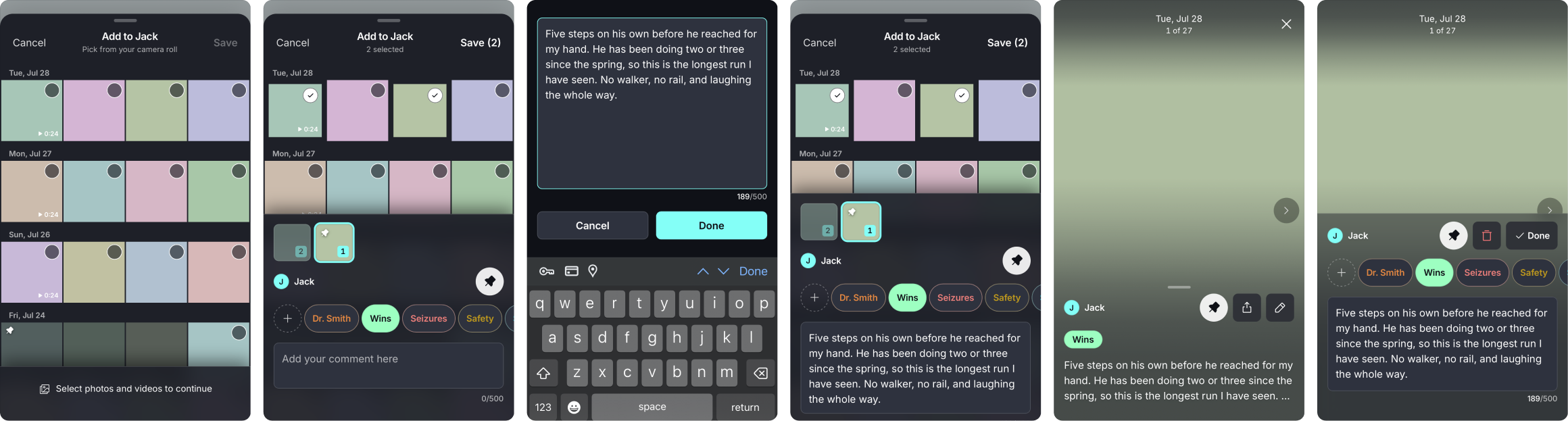 Six screens for filing: picking from the camera roll, selecting two items, writing a note, tagging them, the finished item open full screen, and the same item with its tags and note.