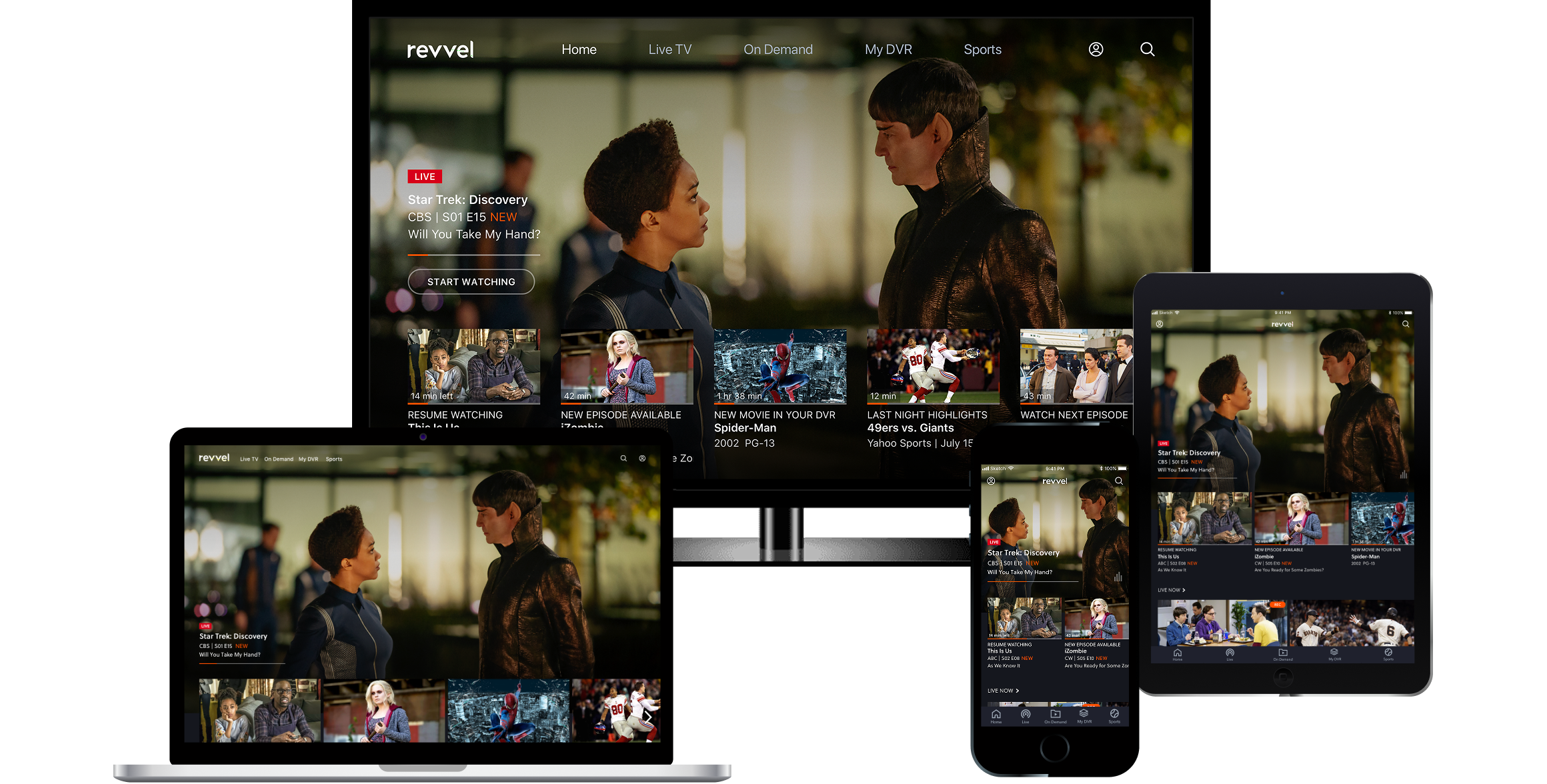 The home screen on a television, a laptop, a phone and a tablet, a featured episode above a row of things to carry on watching.