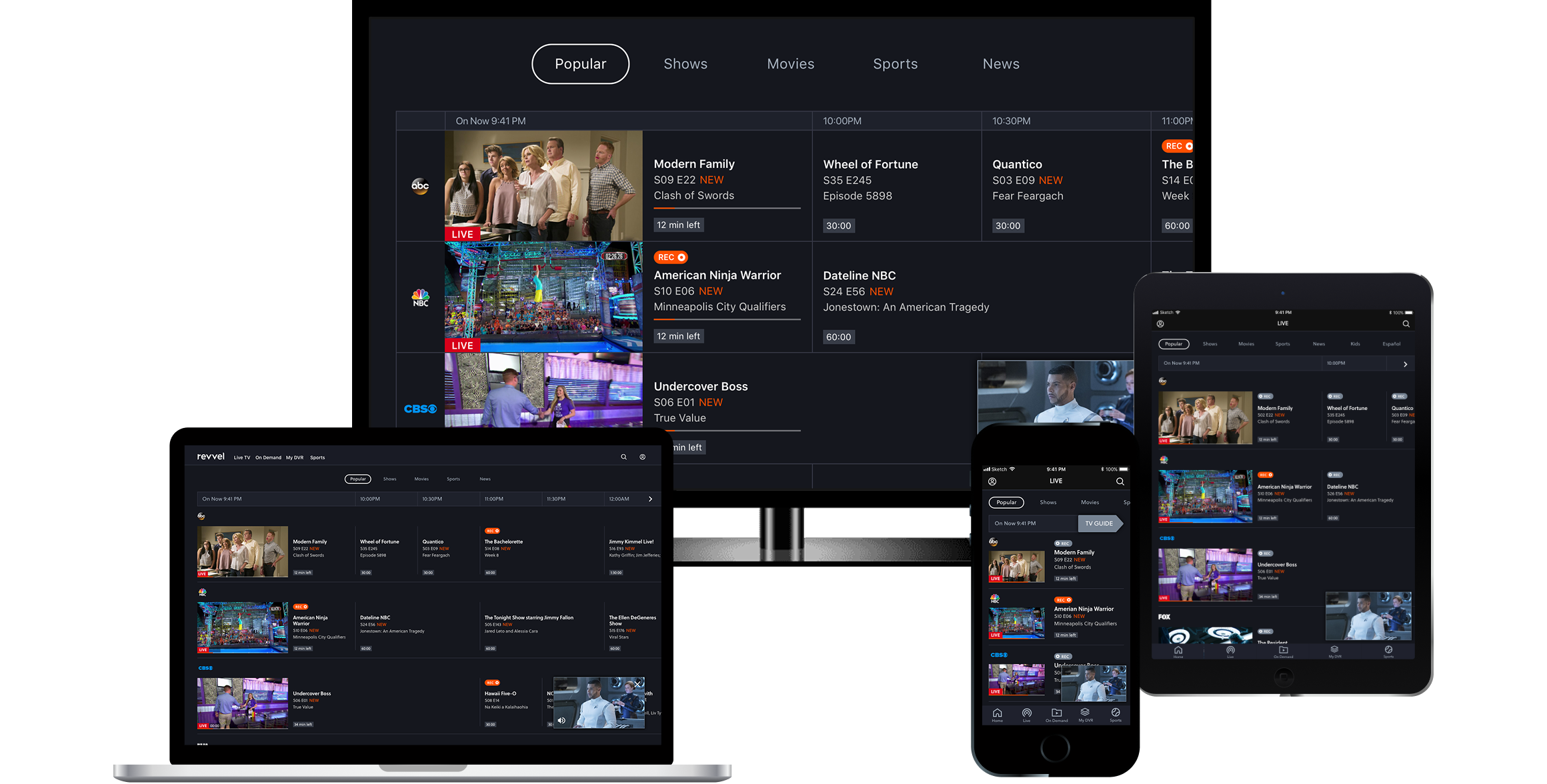 The TV guide on the same four screens, each cell previewing what is on now.