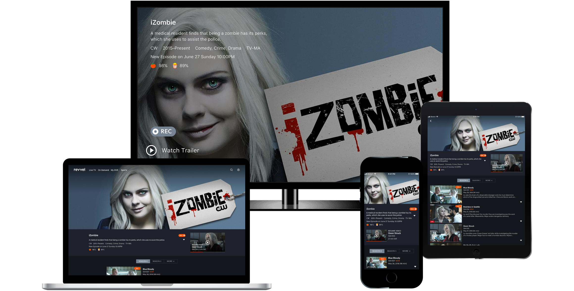 A series page on the same four screens, with the episode to resume and the seasons below it.