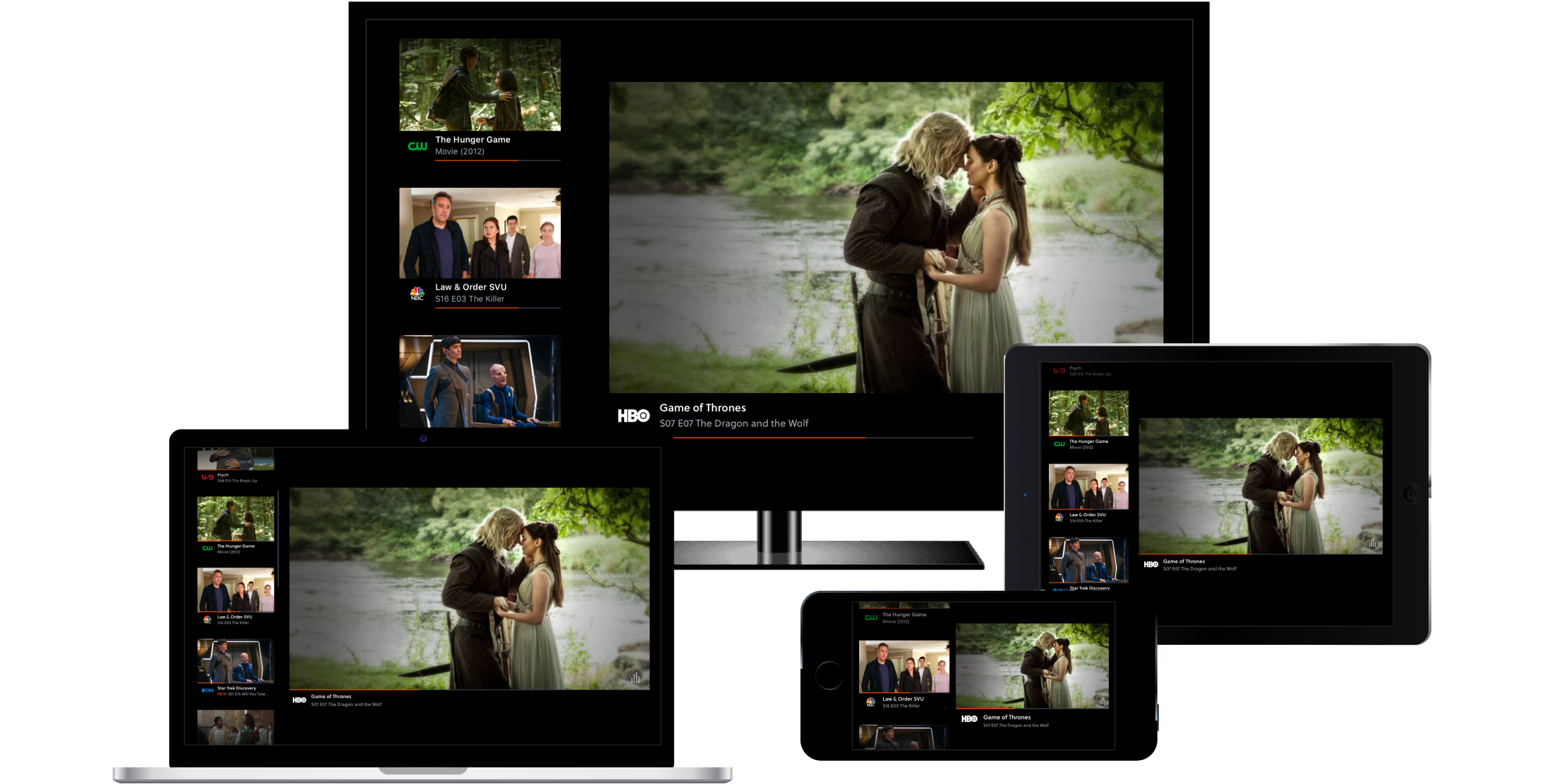 Browsing while a show plays, on the same four screens, with other titles listed beside the video.