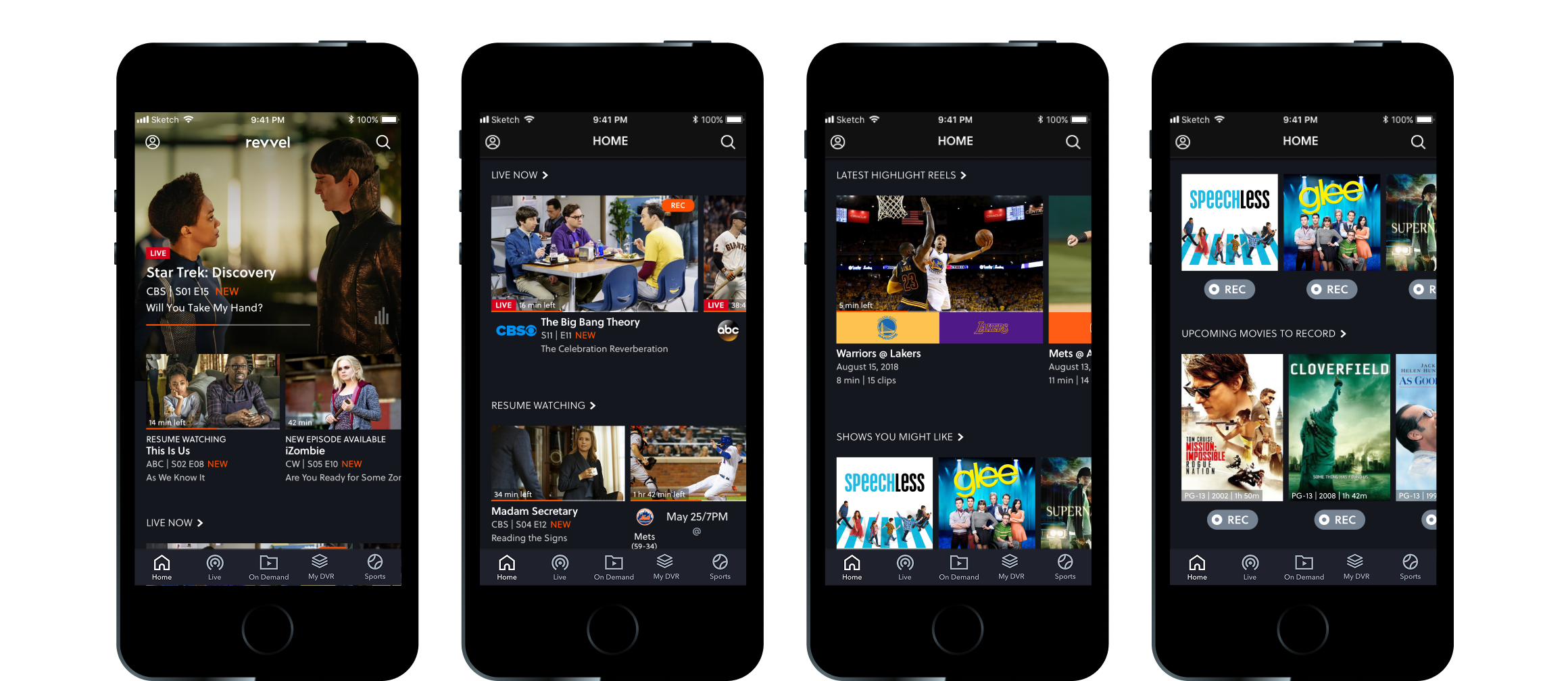 Four phone screens of the home tab, each content type using a different thumbnail shape.