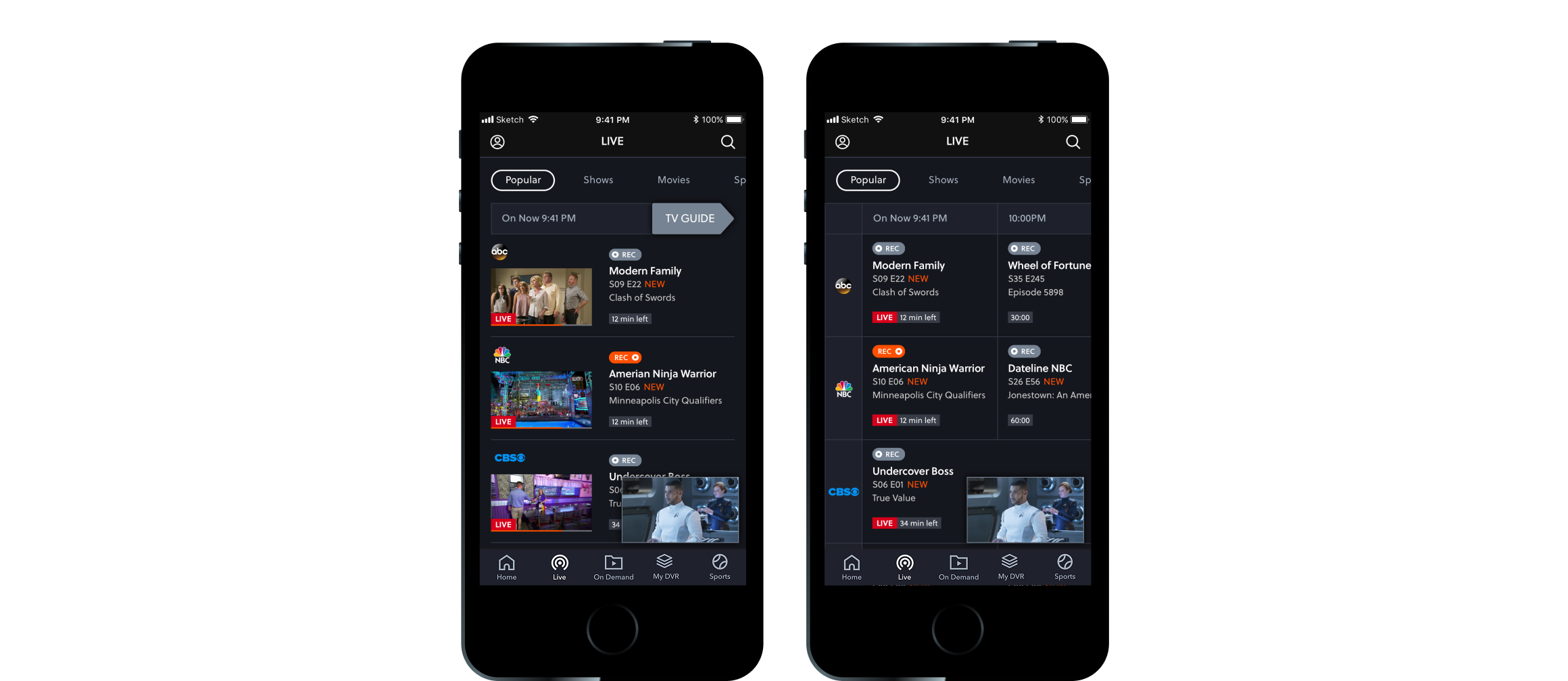 Two phone screens, live channels beside the TV guide, on a shared grid.