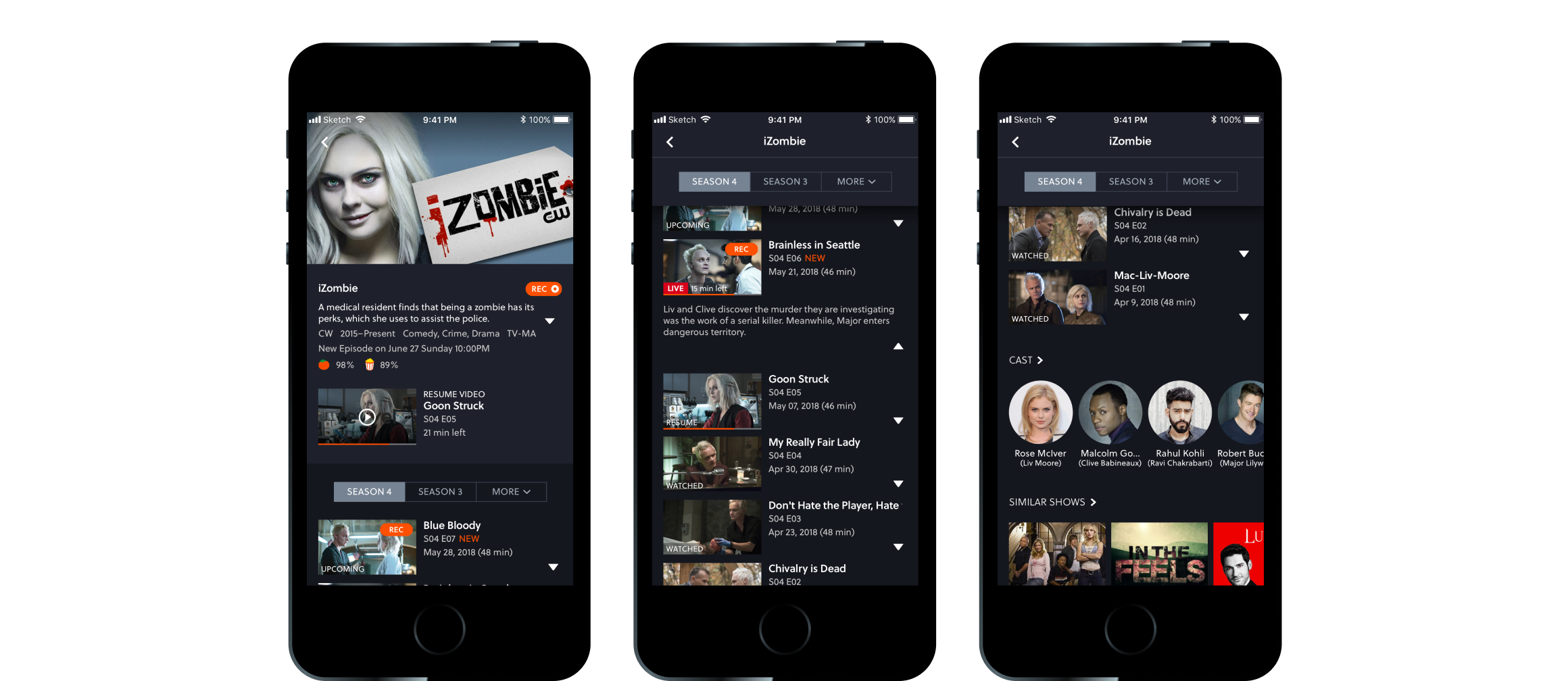 Three phone screens of a series page, from the header to the episode list to the cast.