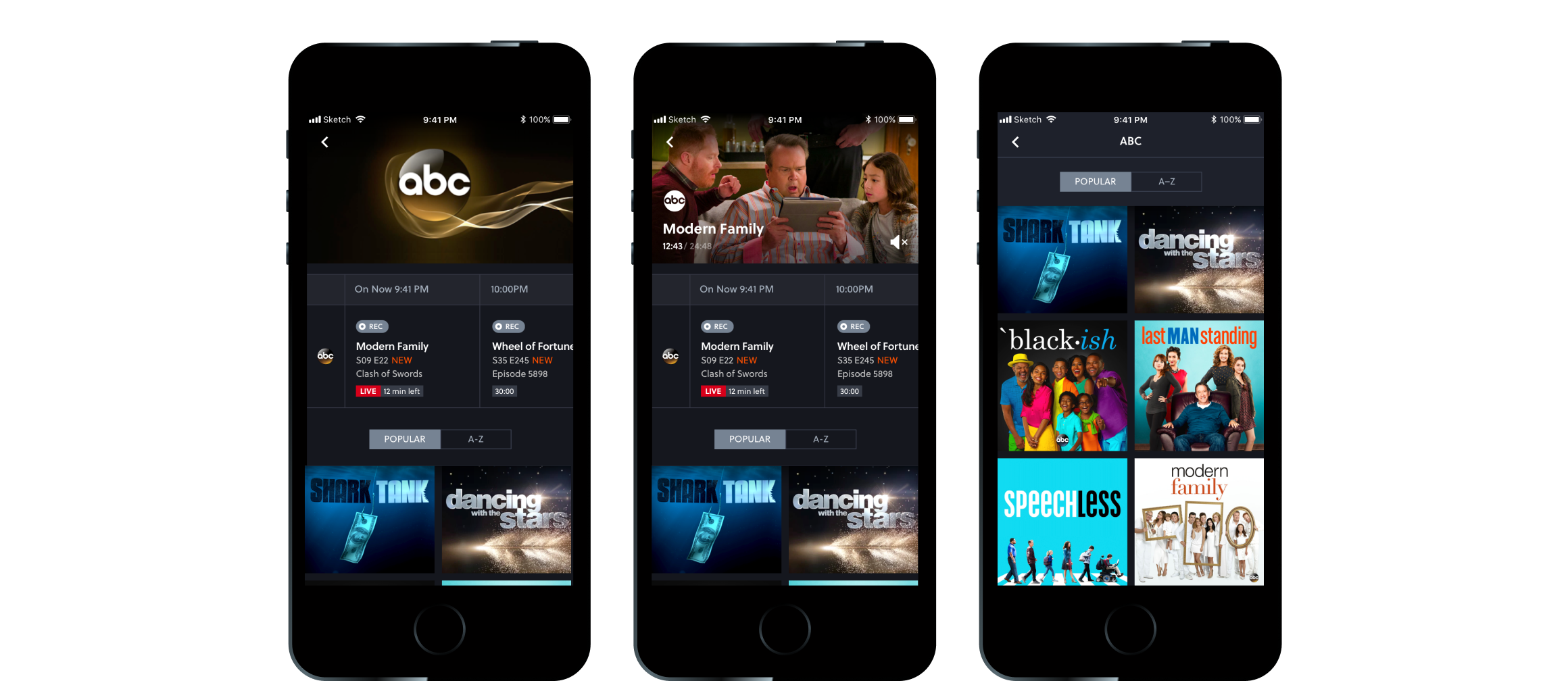 Three phone screens of a network page, the channel art giving way to live video.