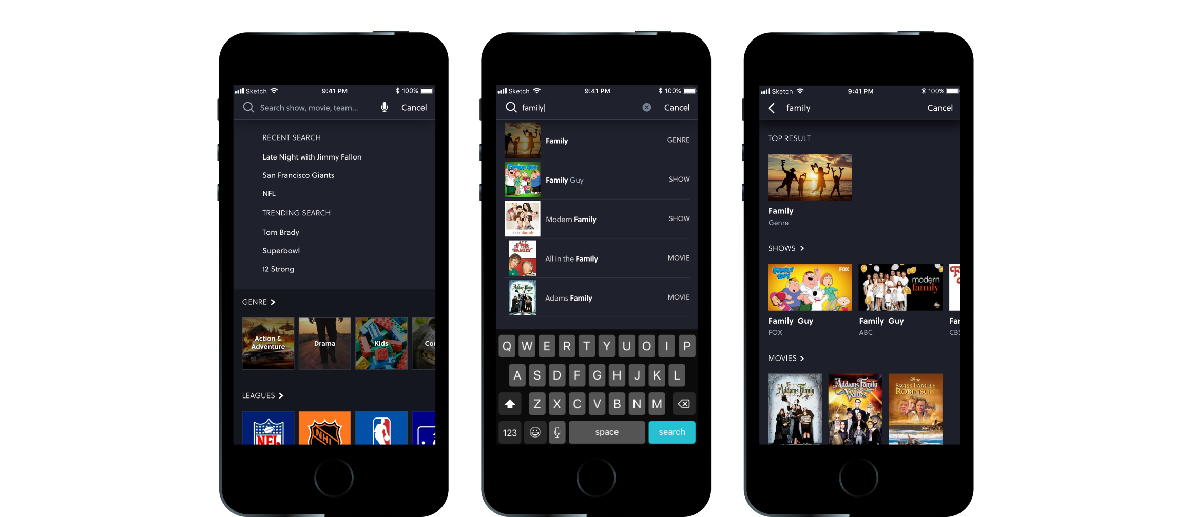 Three phone screens of search, from the empty state to live suggestions to results grouped by category.