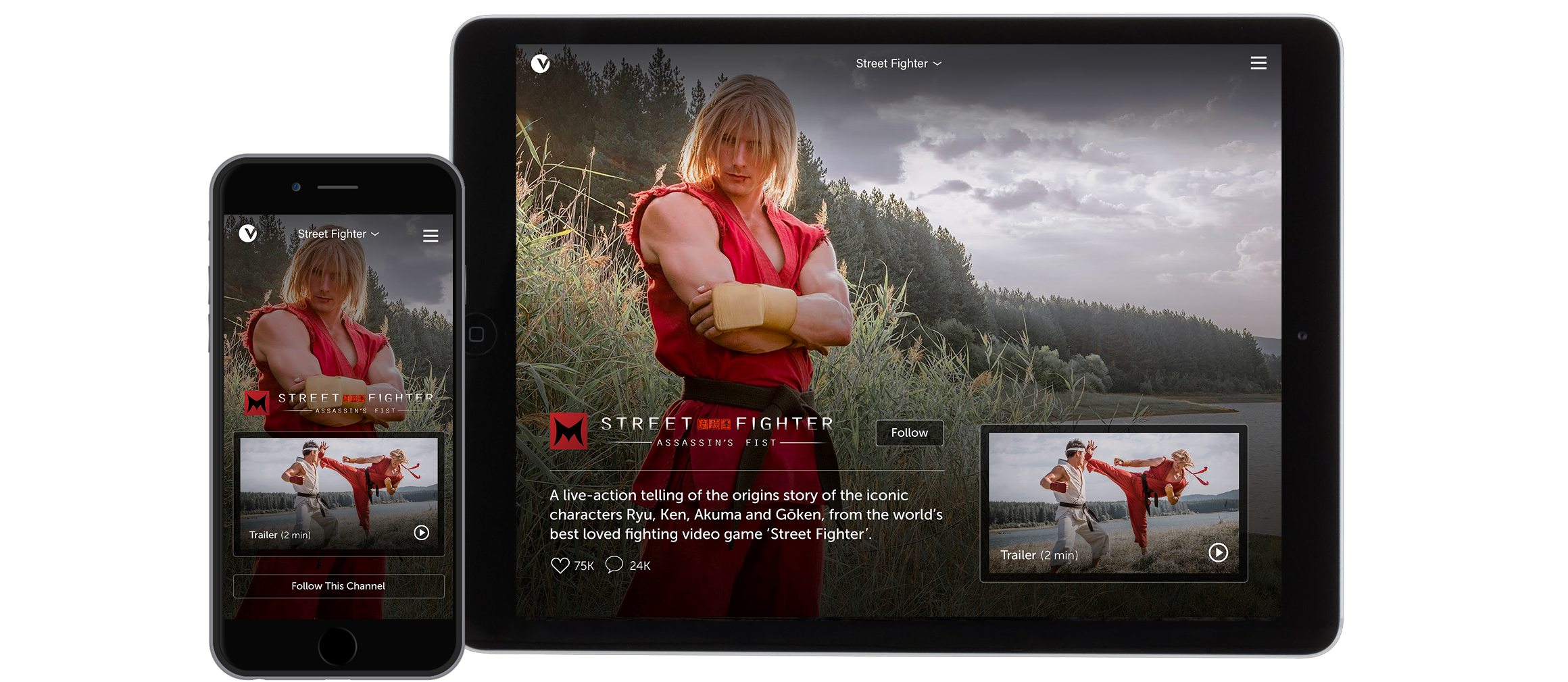 A show page on a phone and a tablet, with the show&rsquo;s artwork, its description and a trailer.