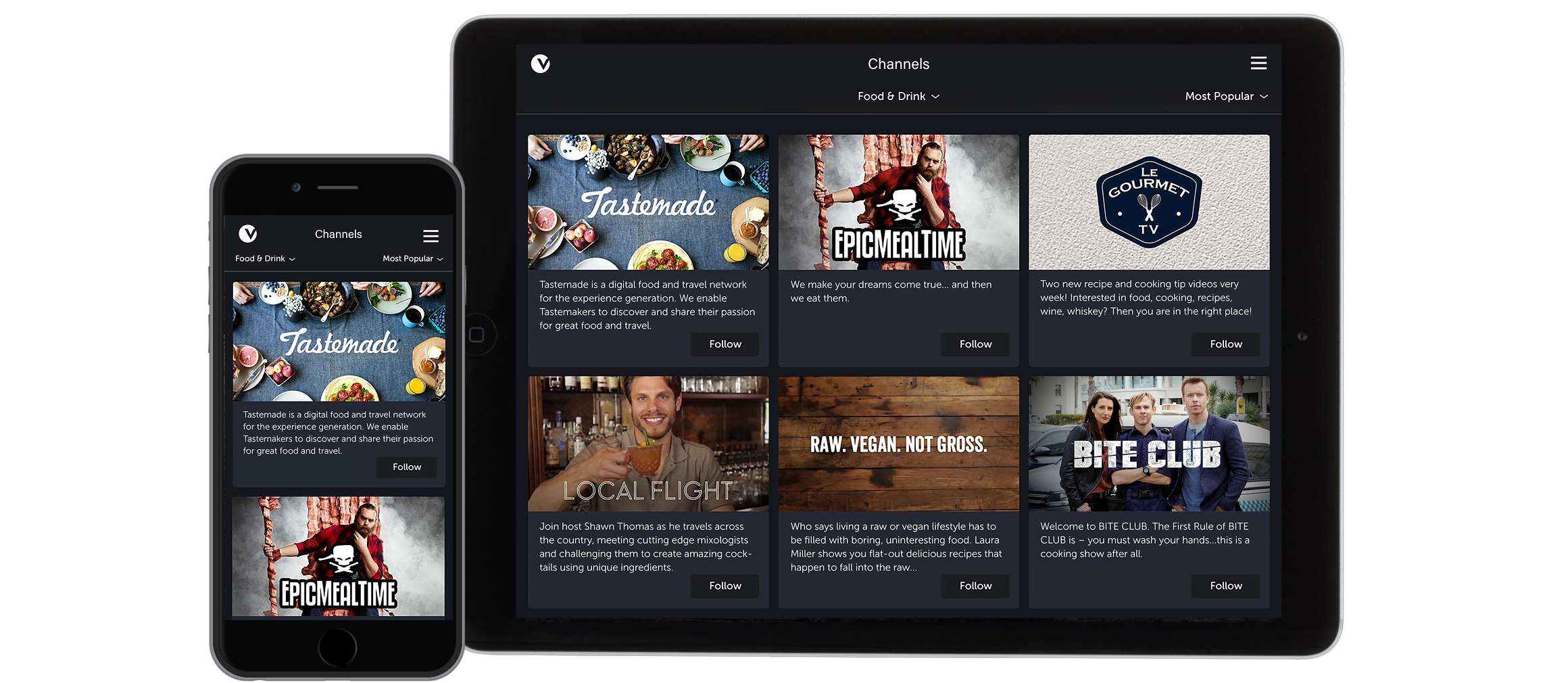 The channels grid on a phone and a tablet, filtered to food and drink, each channel with a follow button.