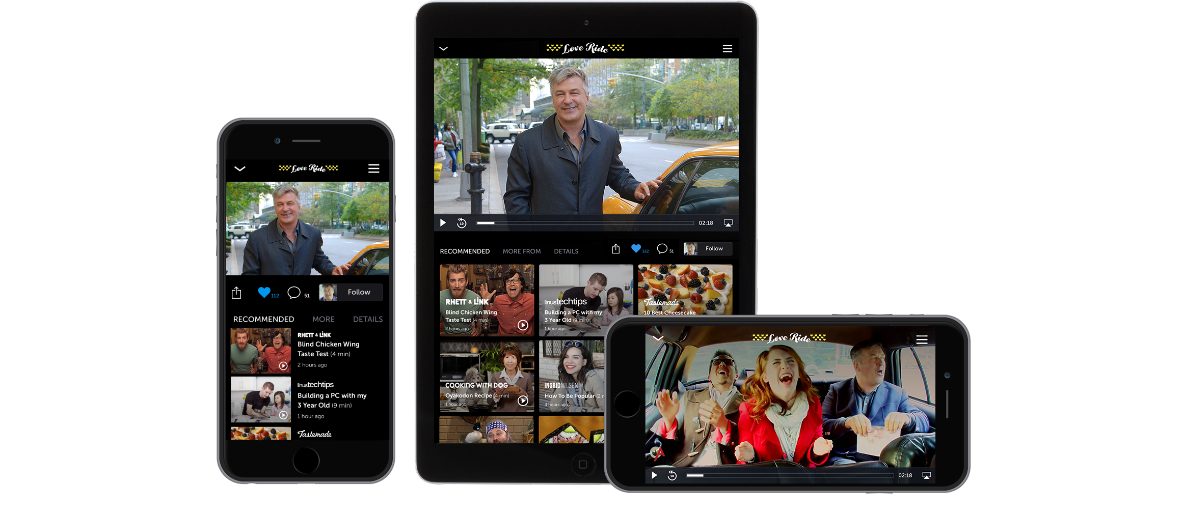 The player on a phone and a tablet, with recommended videos underneath, and a second phone playing the video full width.