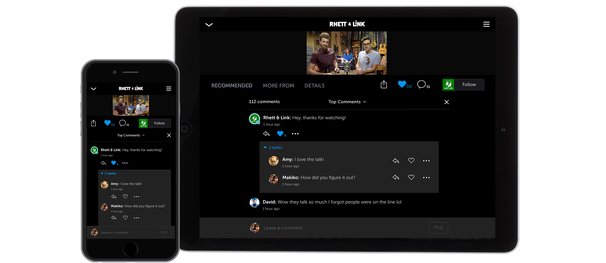 The comments panel on a phone and a tablet, with replies threaded under the creator&rsquo;s own comment.