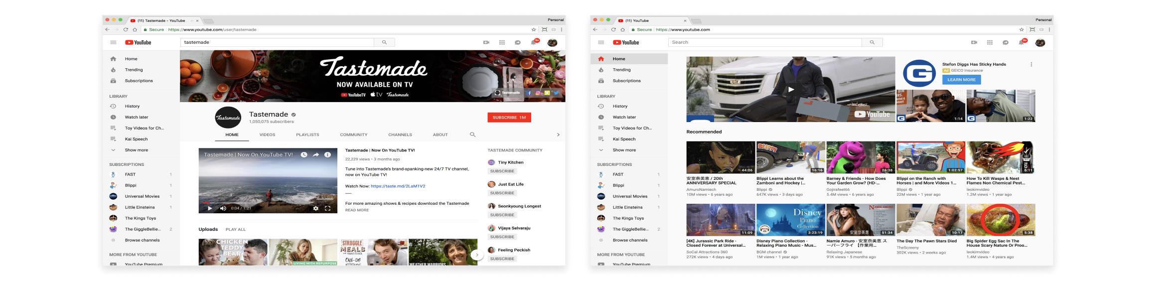 Two YouTube pages side by side: a creator channel, and the logged-in home where professional and user-uploaded videos sit in the same grid.