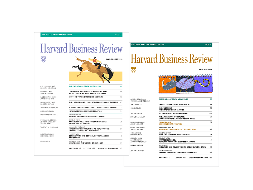 Two Harvard Business Review issues from 1998, open to their contents pages.