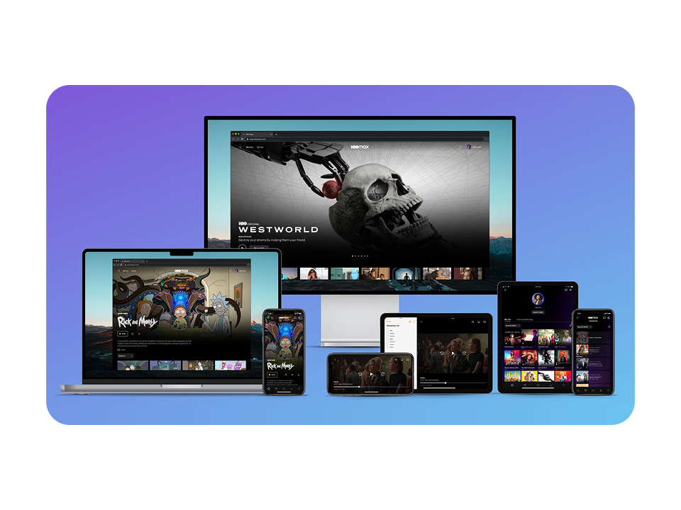 HBO Max running across a television, laptop, tablet and phone.
