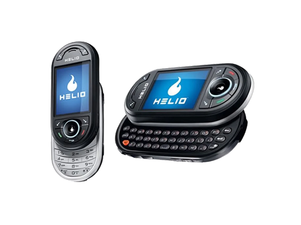 The Helio Ocean shown twice, open to its QWERTY keyboard and closed to its keypad.