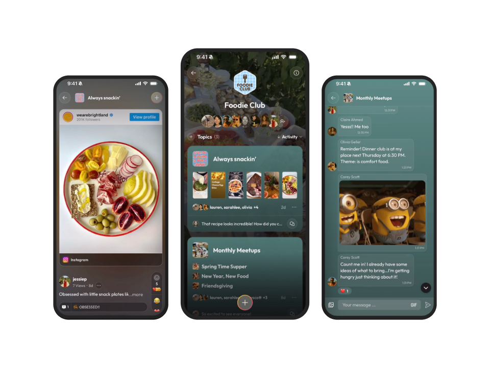 Three Hubcap screens showing a food hub, a club feed and a meetup post.