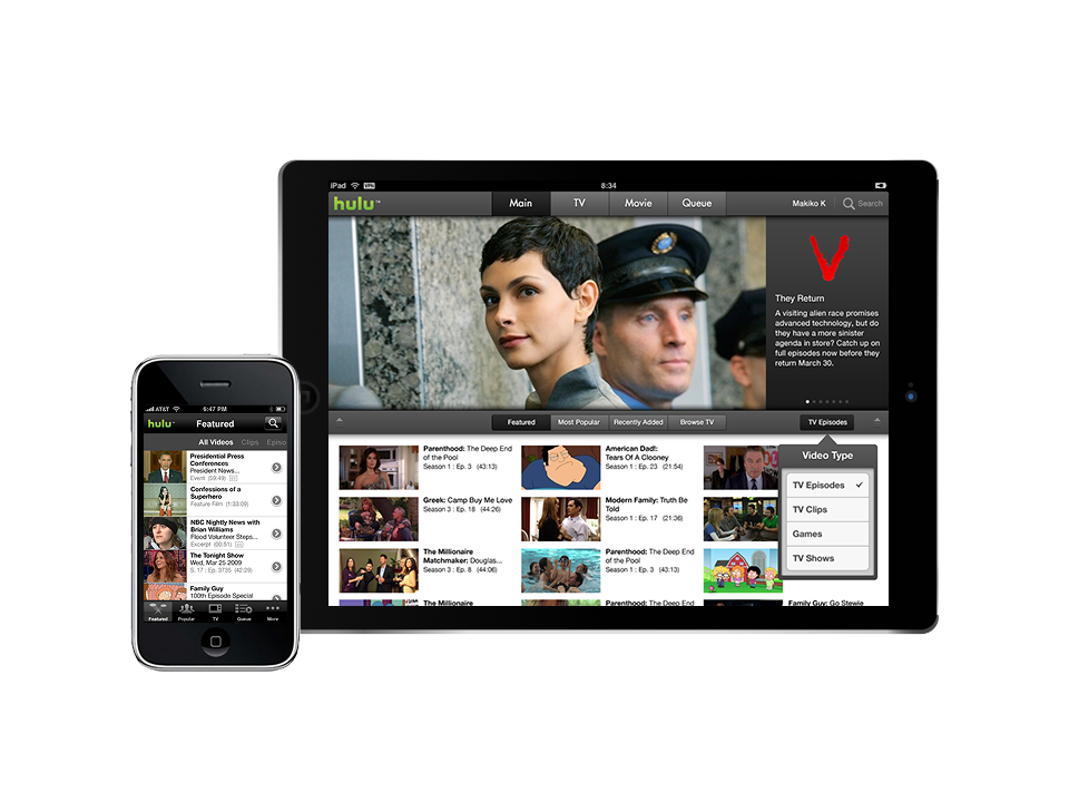 Hulu Plus running on an iPhone and an iPad in 2010.