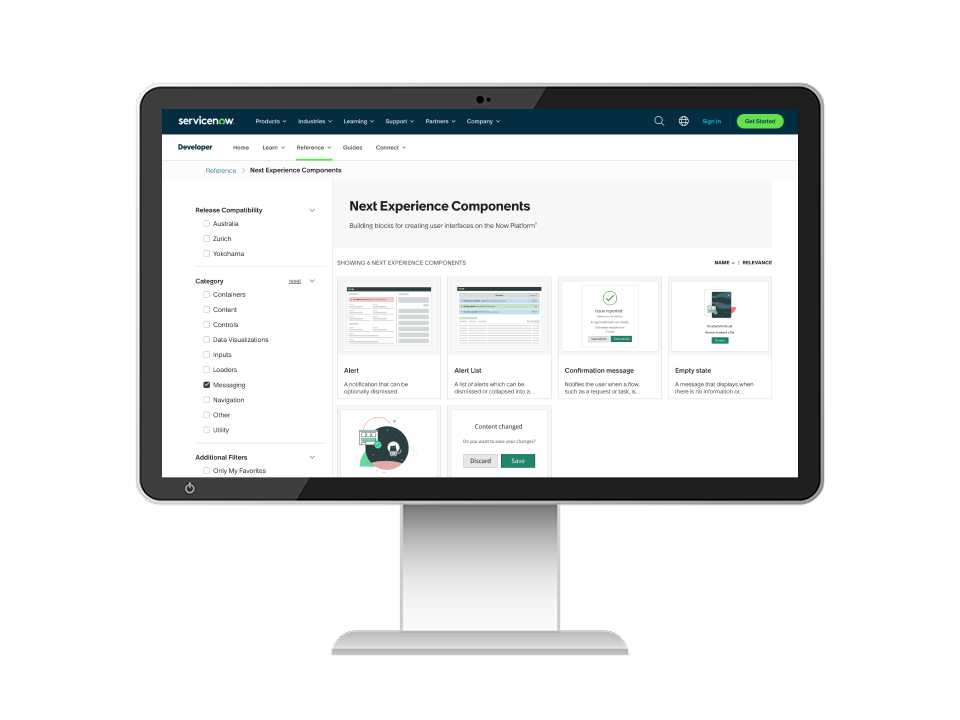The Horizon Design System component reference on the ServiceNow Developer Portal.