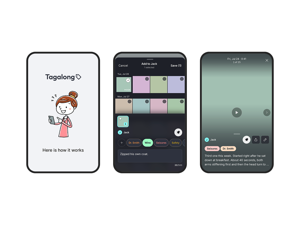Three Tagalong screens showing the intro, a tagged library and a media viewer.