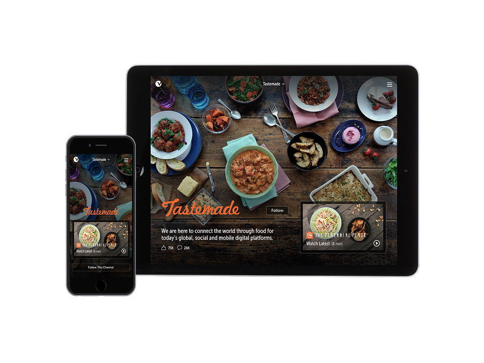 Vessel running on a phone and a tablet, showing a Tastemade video collection.